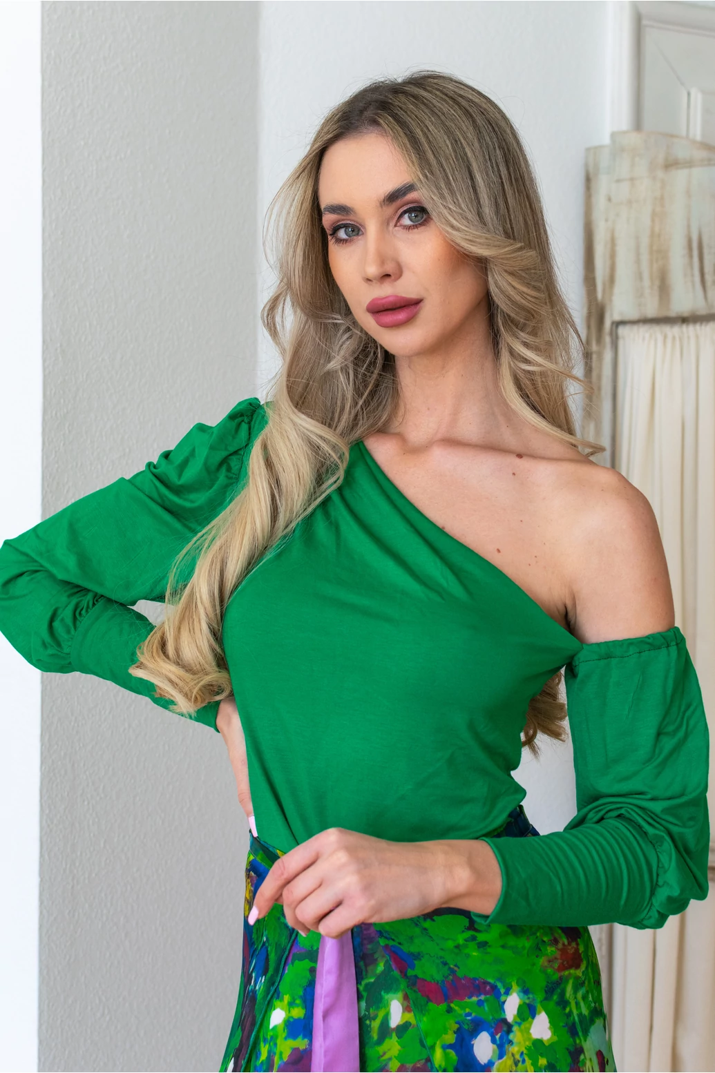 Jázmin - Félvállas hosszú ujjú pamutfelső  