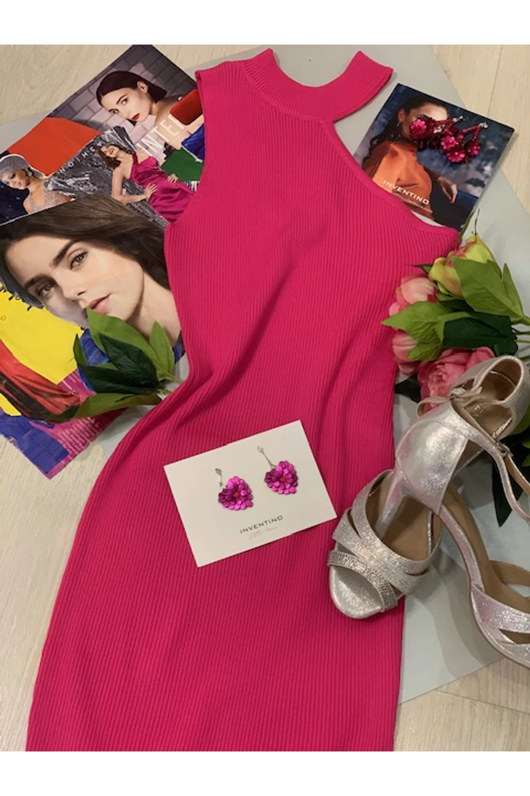 Pink félvállas garbós vékony kötött ruha 