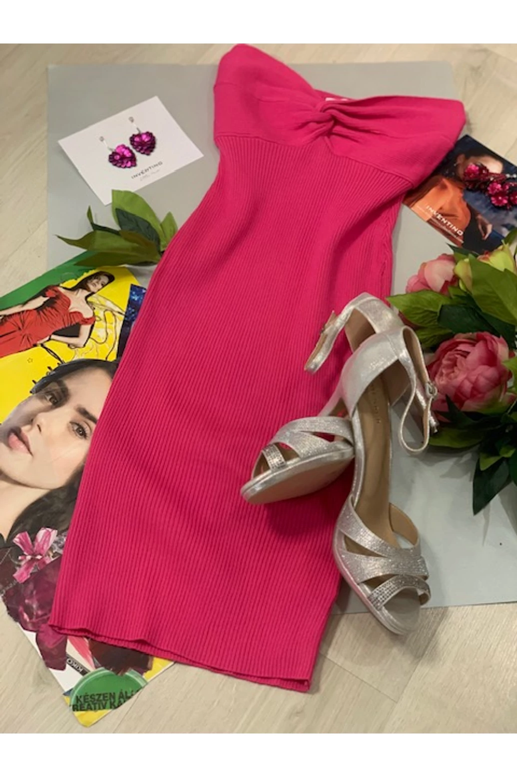 Pink pántnélküli vékony kötött ruha 