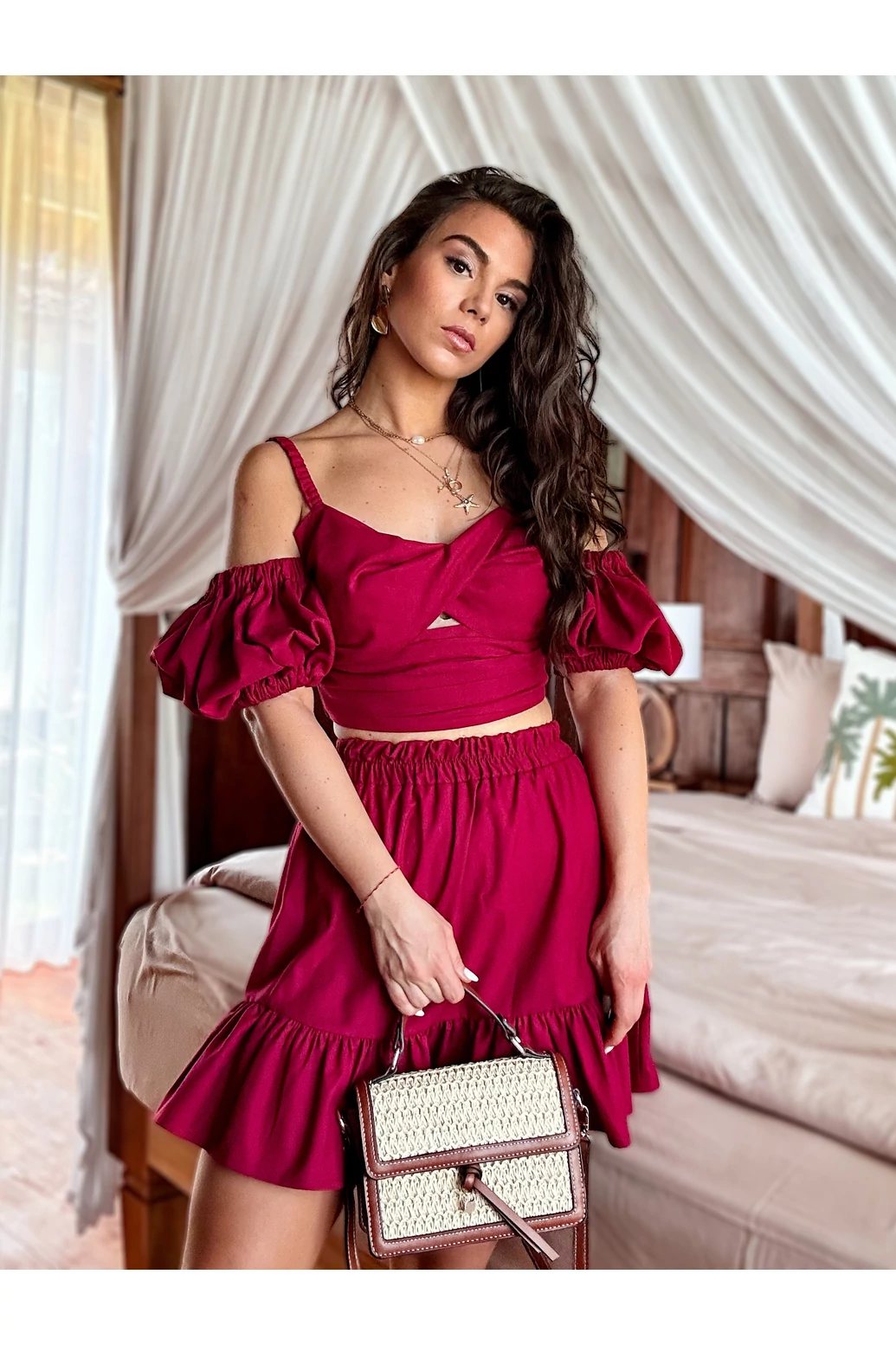 Esperanza  - lenvászon különleges nyári felső, gumírozott derekú rövid fodros szoknyával 