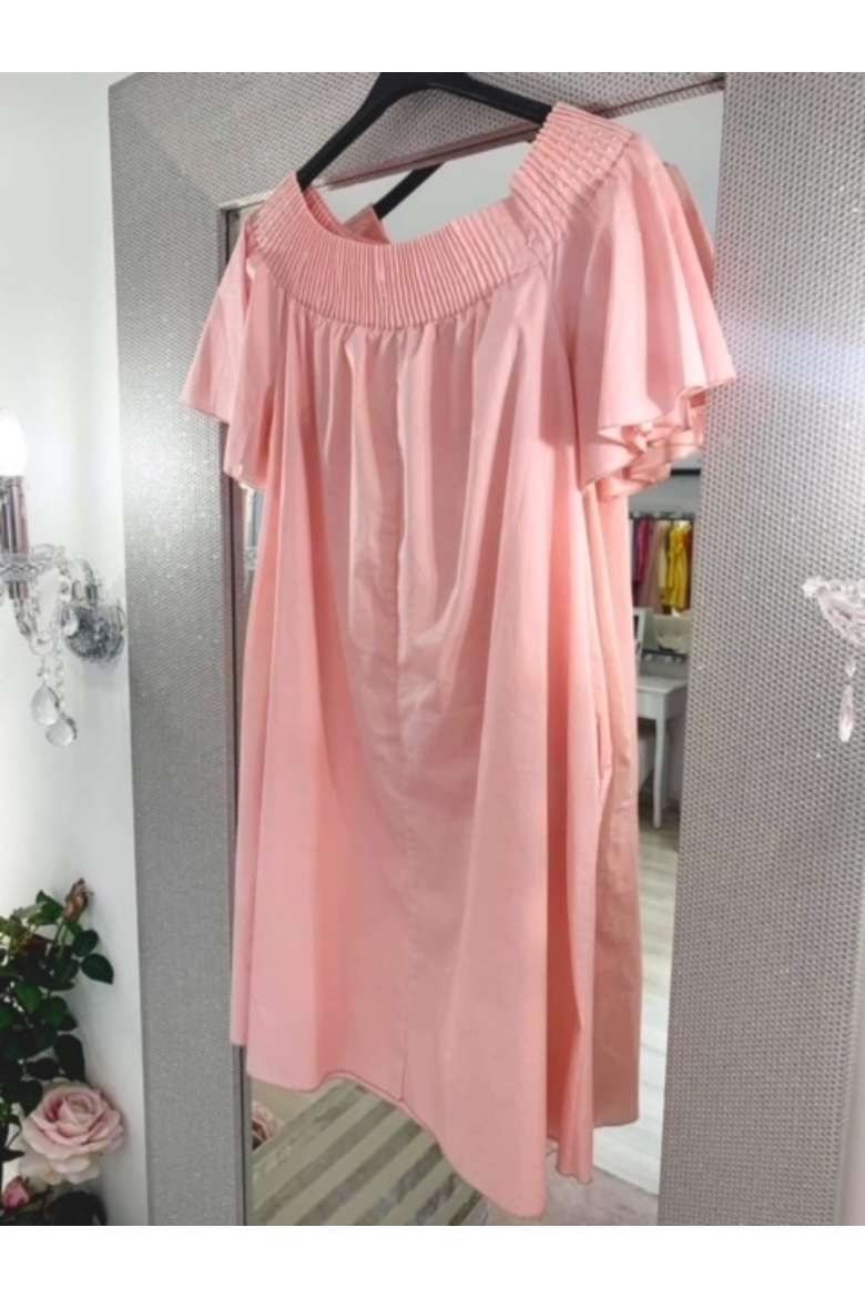 Halvány rózsaszín ruha  gumírozott nyakrésszel fodros ujjal- nyár típusoknak