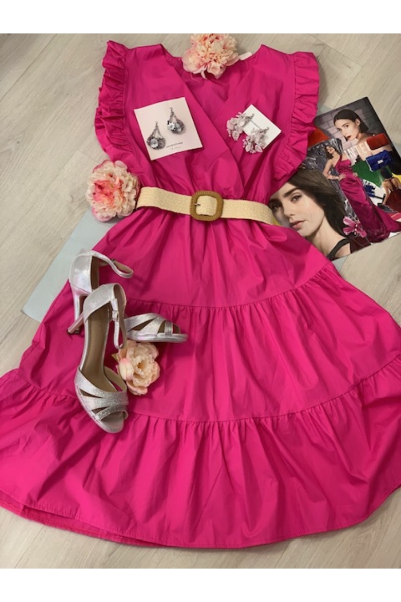 Pink V kivágású fodros nyári ruha övvel - tél típusnak 